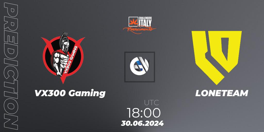 VX300 Gaming vs LONETEAM: Match Prediction. 30.06.2024 at 18:00, VALORANT, VALORANT Challengers 2024 Italy: Rinascimento Split 2