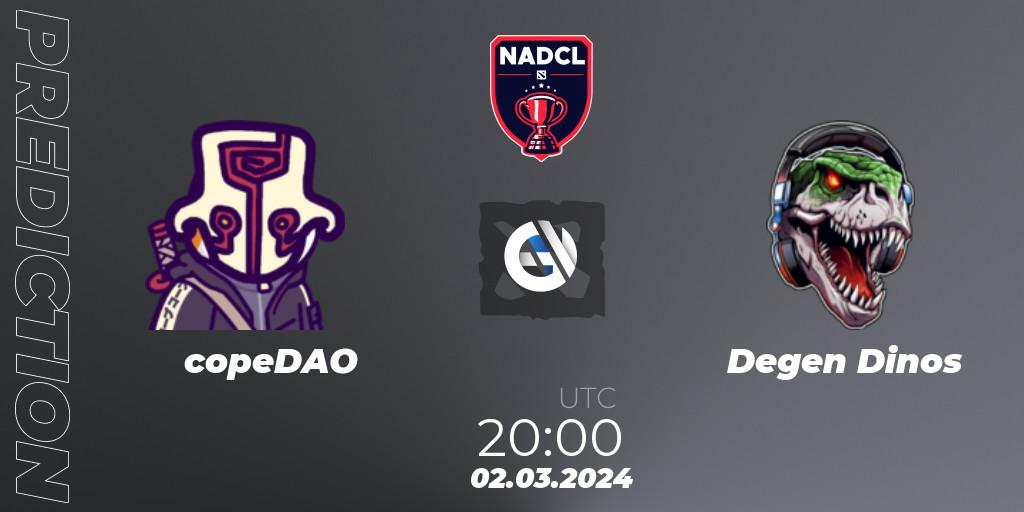 copeDAO vs Degen Dinos: Match Prediction. 02.03.2024 at 20:00, Dota 2, North American Dota Challengers League Season 6 Division 1