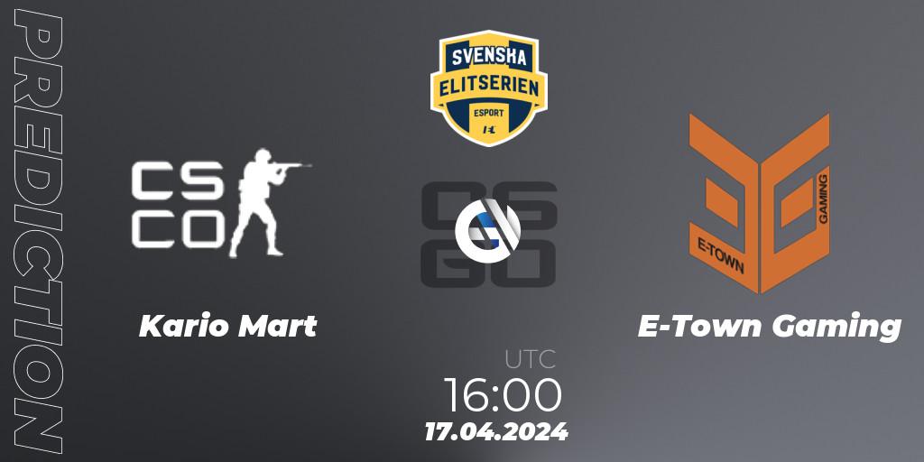 Kario Mart vs E-Town Gaming: Match Prediction. 17.04.2024 at 16:10, Counter-Strike (CS2), Svenska Elitserien Spring 2024