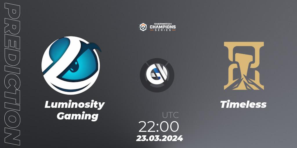 Luminosity Gaming vs Timeless: Match Prediction. 23.03.2024 at 22:00, Overwatch, Overwatch Champions Series 2024 - North America Stage 1 Main Event