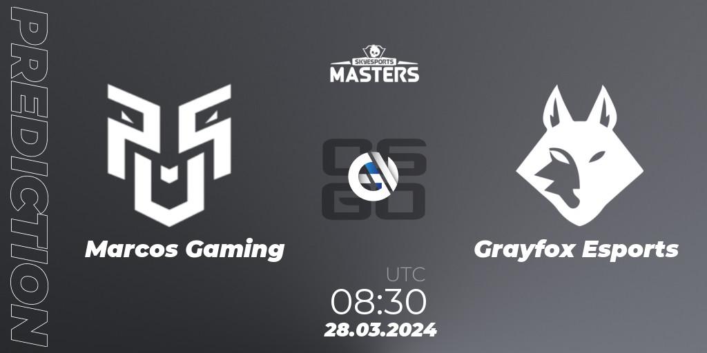 Marcos Gaming vs Grayfox Esports: Match Prediction. 28.03.2024 at 08:30, Counter-Strike (CS2), Skyesports Masters 2024: Indian Qualifier