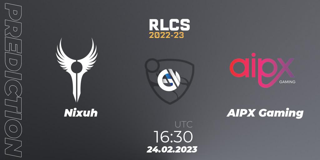 Nixuh vs AIPX Gaming: Match Prediction. 24.02.2023 at 16:30, Rocket League, RLCS 2022-23 - Winter: Sub-Saharan Africa Regional 3 - Winter Invitational