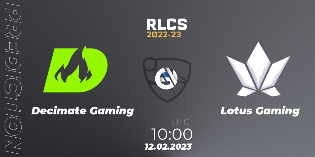 Decimate Gaming vs Lotus Gaming: Match Prediction. 12.02.2023 at 11:00, Rocket League, RLCS 2022-23 - Winter: Asia-Pacific Regional 2 - Winter Cup