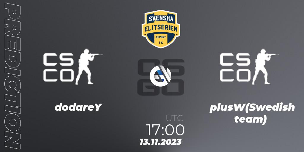 dodareY vs plusW(Swedish team): Match Prediction. 13.11.2023 at 17:00, Counter-Strike (CS2), Svenska Elitserien Fall 2023: Online Stage