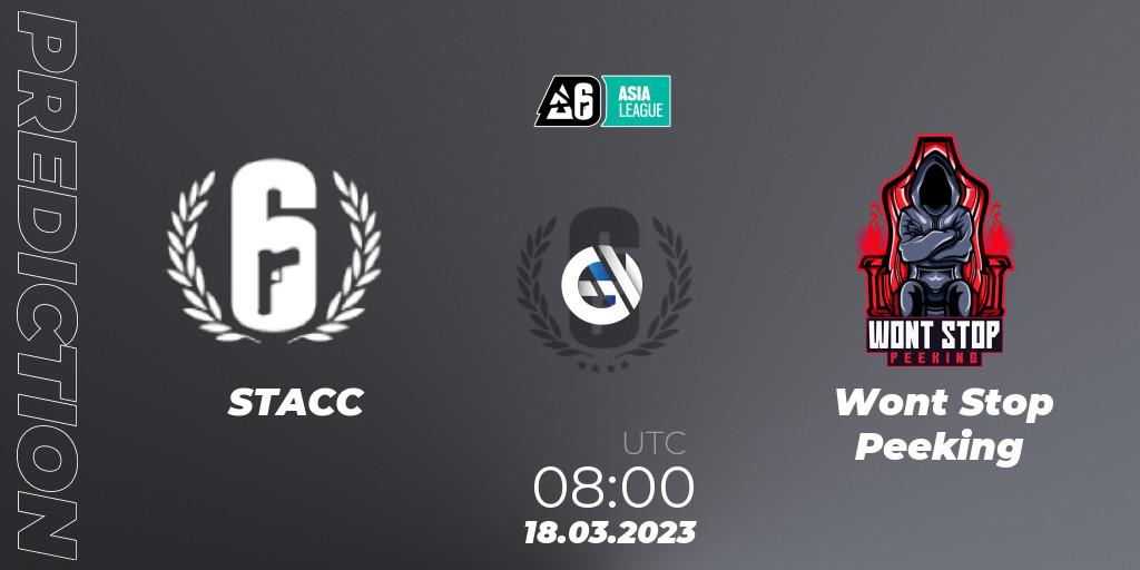 STACC vs Wont Stop Peeking: Match Prediction. 18.03.2023 at 09:00, Rainbow Six, South Asia League 2023 - Stage 1