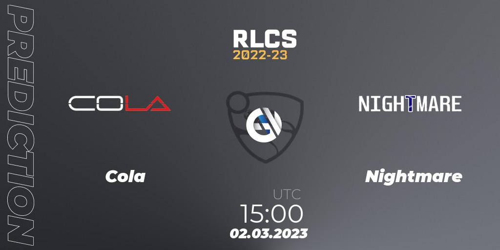 Cola vs Nightmare: Match Prediction. 02.03.2023 at 15:00, Rocket League, RLCS 2022-23 - Winter: Middle East and North Africa Regional 3 - Winter Invitational