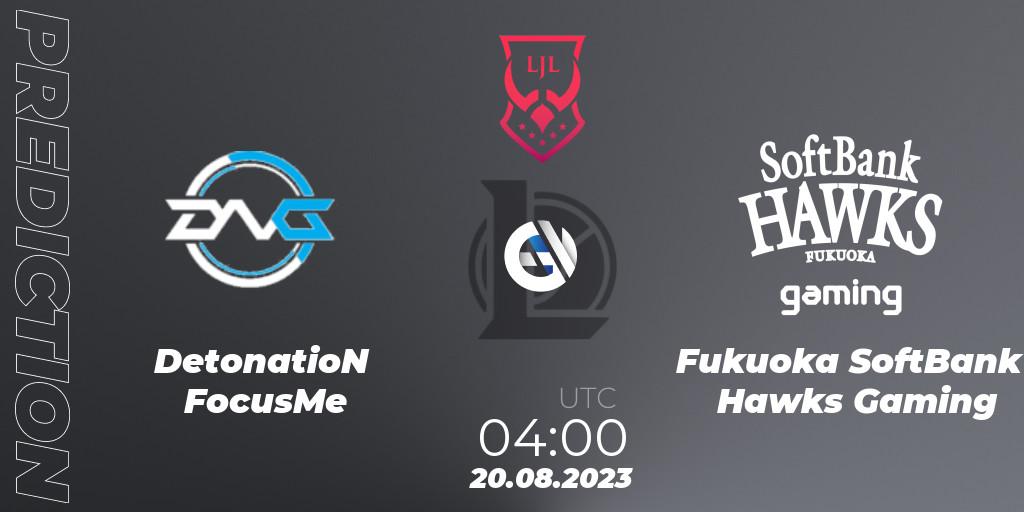 DetonatioN FocusMe vs Fukuoka SoftBank Hawks Gaming: Match Prediction. 20.08.2023 at 05:00, LoL, LJL Summer 2023