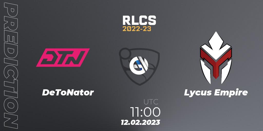 DeToNator vs Lycus Empire: Match Prediction. 12.02.2023 at 10:00, Rocket League, RLCS 2022-23 - Winter: Asia-Pacific Regional 2 - Winter Cup