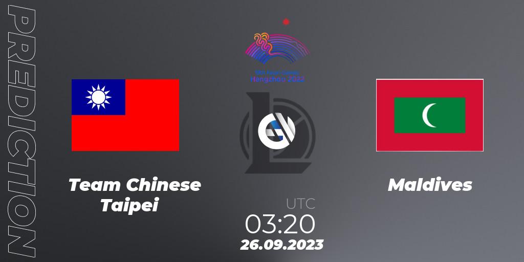 Team Chinese Taipei vs Maldives: Match Prediction. 26.09.2023 at 03:20, LoL, 2022 Asian Games