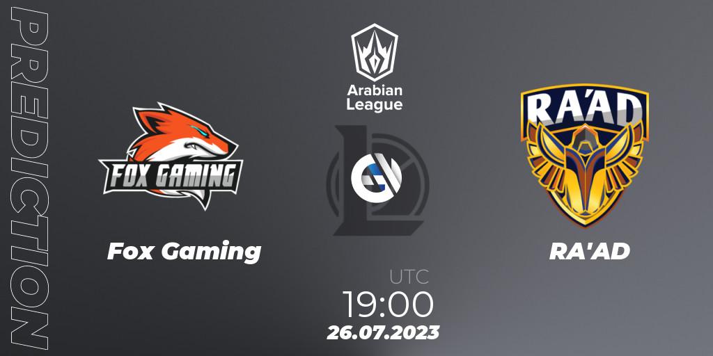 Fox Gaming vs RA'AD: Match Prediction. 26.07.2023 at 19:30, LoL, Arabian League Summer 2023 - Group Stage