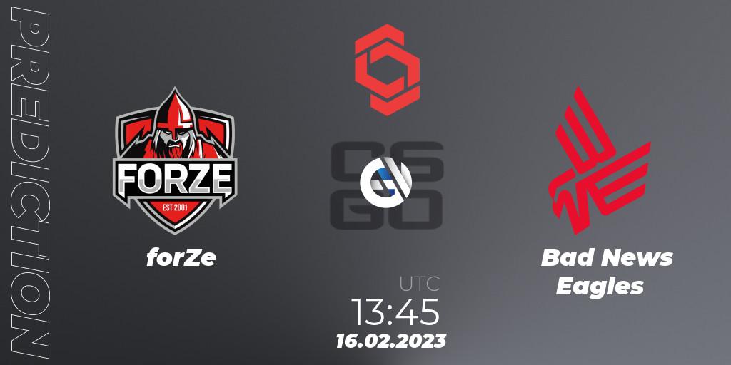 forZe vs Bad News Eagles: Match Prediction. 16.02.2023 at 14:20, Counter-Strike (CS2), CCT Central Europe Series Finals #1