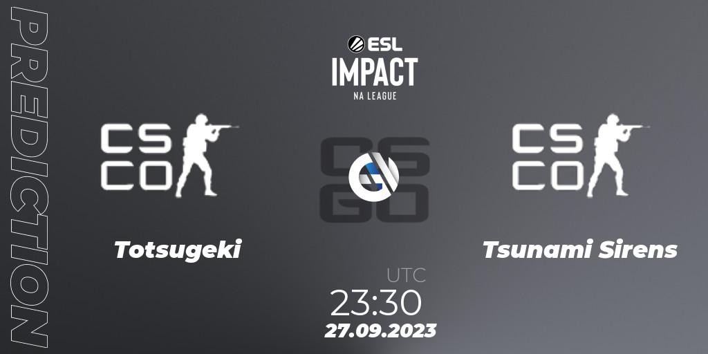 Totsugeki vs Tsunami Sirens: Match Prediction. 27.09.2023 at 23:30, Counter-Strike (CS2), ESL Impact League Season 4: North American Division