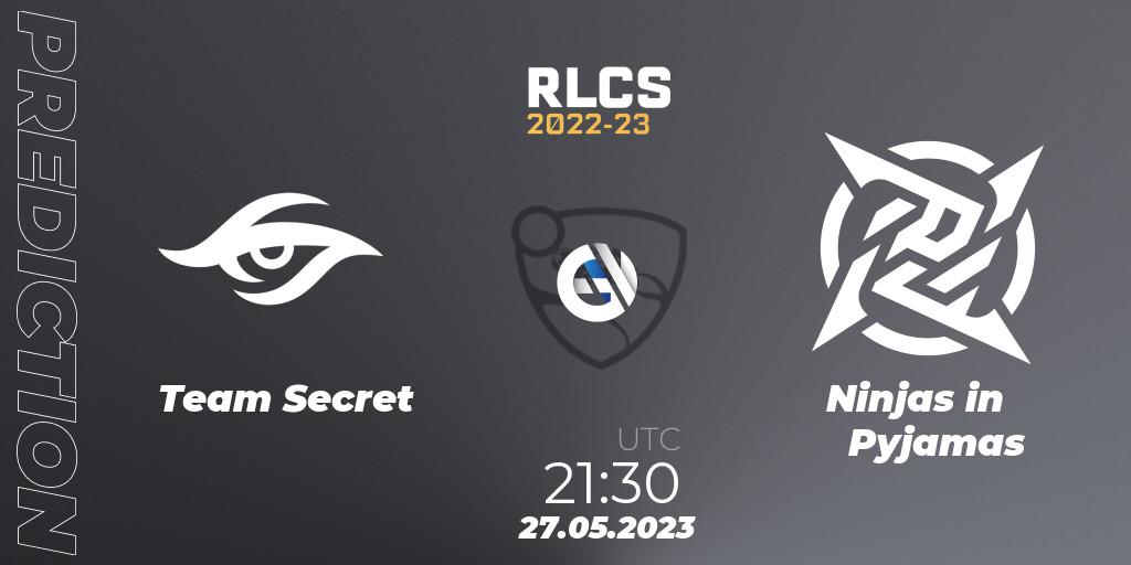 Team Secret vs Ninjas in Pyjamas: Match Prediction. 27.05.2023 at 21:40, Rocket League, RLCS 2022-23 - Spring: South America Regional 2 - Spring Cup