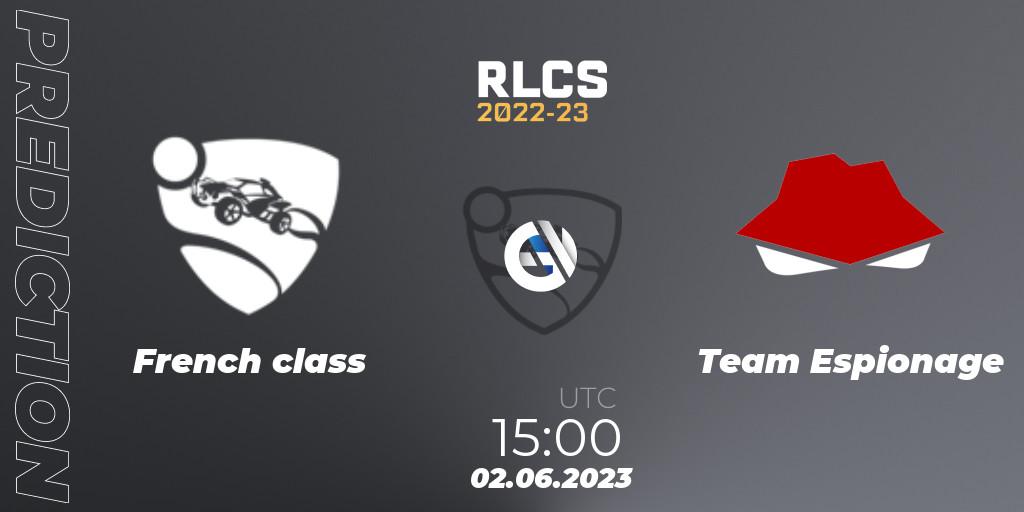 French class vs Team Espionage: Match Prediction. 09.06.2023 at 15:00, Rocket League, RLCS 2022-23 - Spring: Sub-Saharan Africa Regional 3 - Spring Invitational
