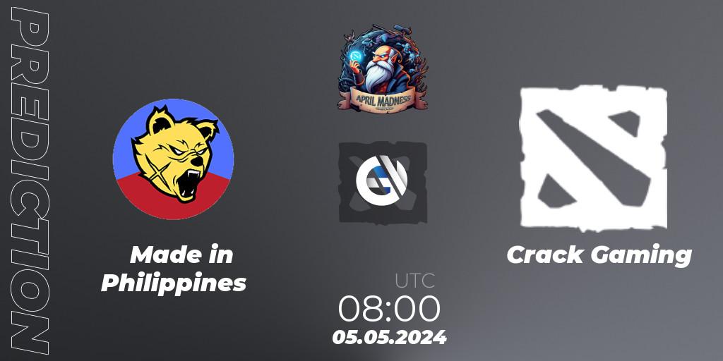 Made in Philippines vs Crack Gaming: Match Prediction. 06.05.2024 at 10:00, Dota 2, April Madness: Dota 2 Championship