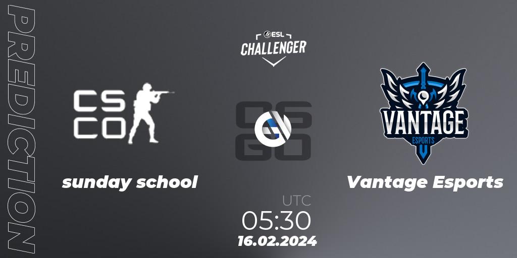 sunday school vs Vantage Esports: Match Prediction. 16.02.24, CS2 (CS:GO), ESL Challenger #56: Oceanic Closed Qualifier