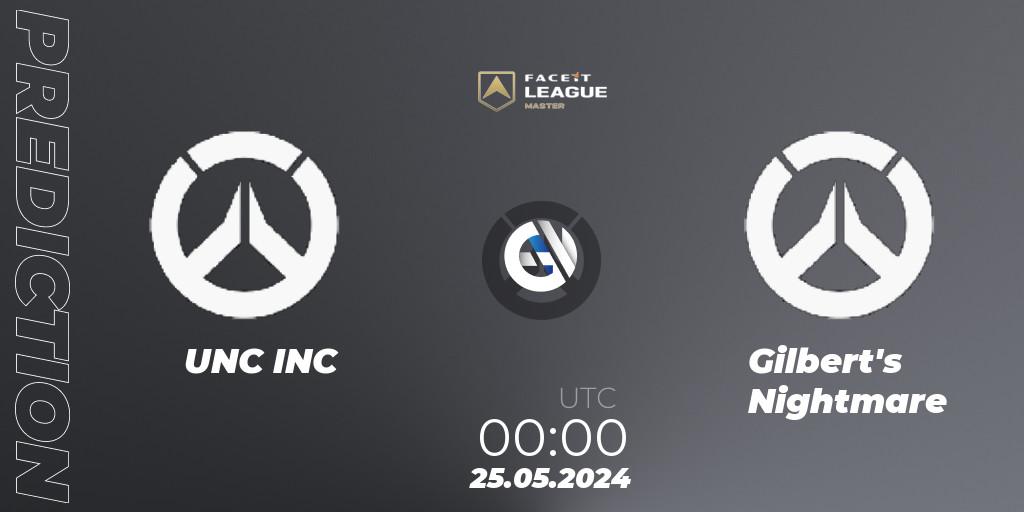 UNC INC vs Gilbert's Nightmare: Match Prediction. 25.05.2024 at 00:00, Overwatch, FACEIT League Season 1 - NA Master Road to EWC