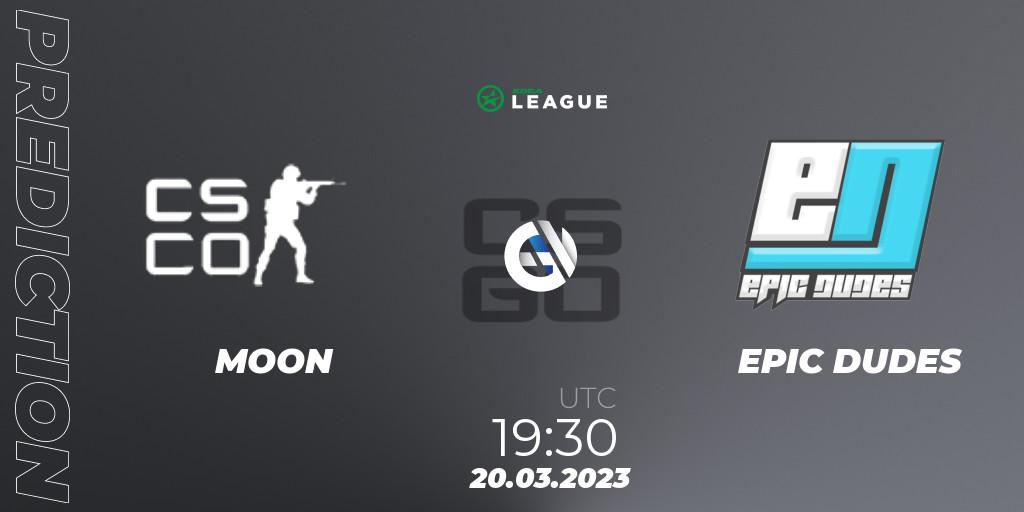 MOON vs EPIC DUDES: Match Prediction. 20.03.2023 at 18:00, Counter-Strike (CS2), ESEA Season 44: Main Division - Europe