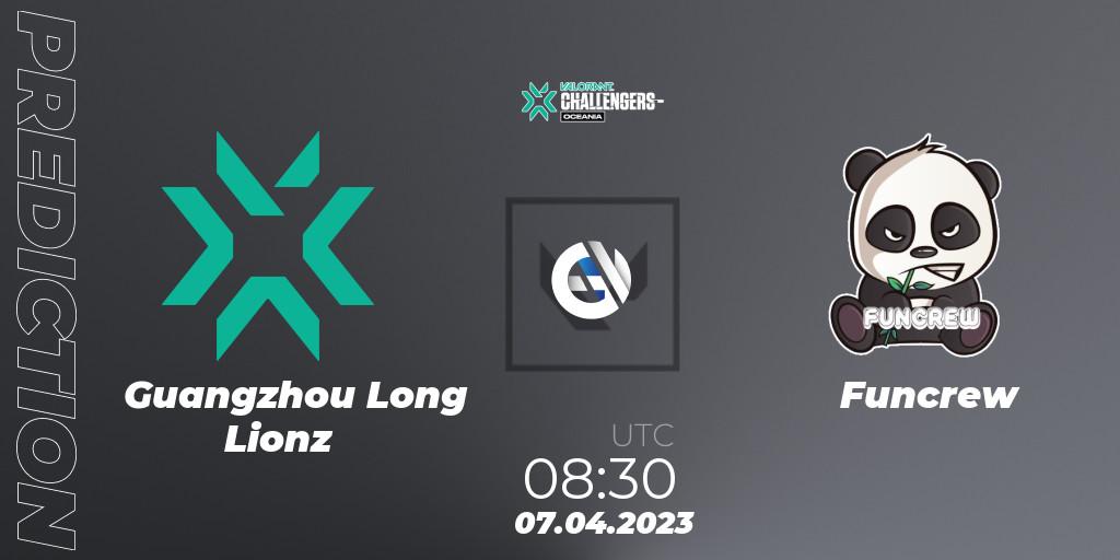 Guangzhou Long Lionz vs Funcrew: Match Prediction. 07.04.2023 at 08:30, VALORANT, VALORANT Challengers 2023: Oceania Split 2 - Group Stage