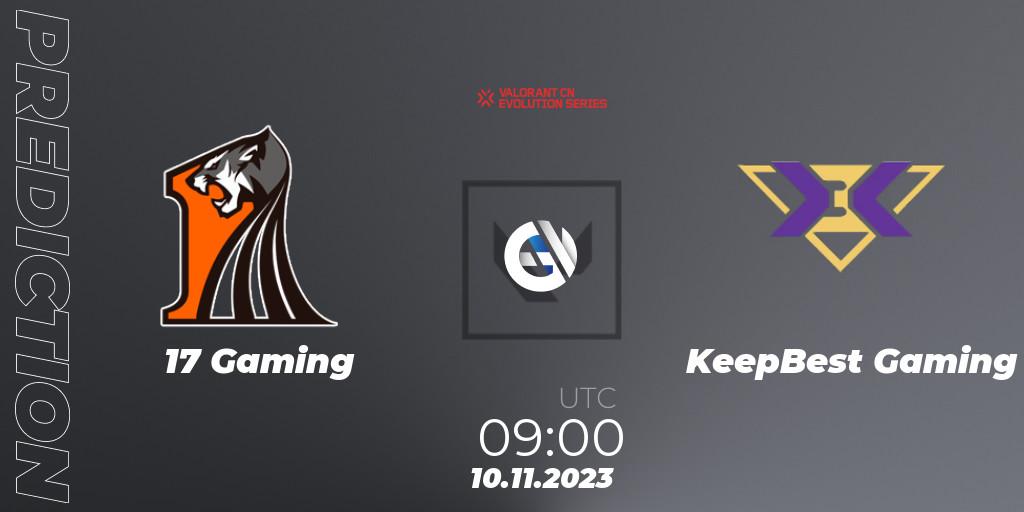 17 Gaming vs KeepBest Gaming: Match Prediction. 10.11.2023 at 09:00, VALORANT, VALORANT China Evolution Series Act 3: Heritability - Play-In