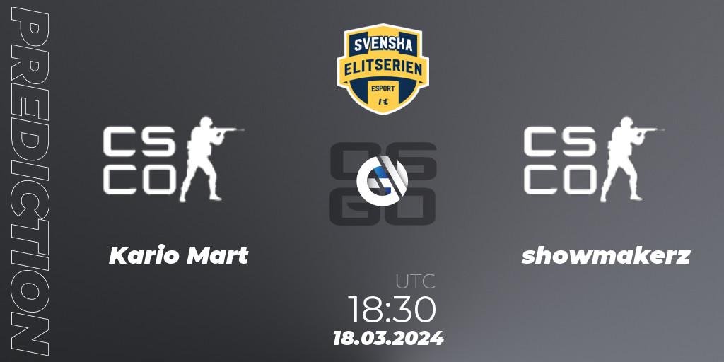 Kario Mart vs showmakerz: Match Prediction. 18.03.2024 at 18:30, Counter-Strike (CS2), Svenska Elitserien Spring 2024