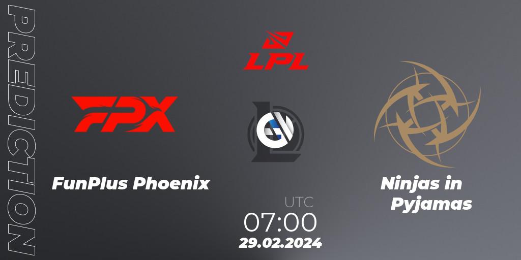 FunPlus Phoenix vs Ninjas in Pyjamas: Match Prediction. 29.02.2024 at 07:00, LoL, LPL Spring 2024 - Group Stage