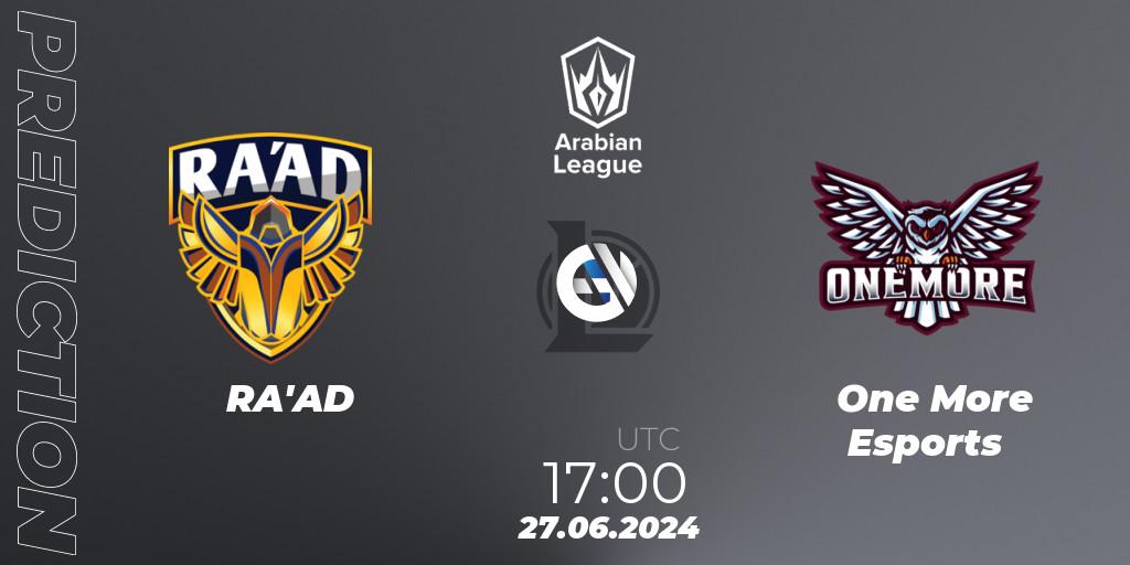 RA'AD vs One More Esports: Match Prediction. 26.06.2024 at 18:00, LoL, Arabian League Summer 2024