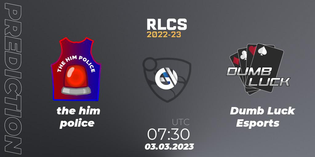 the him police vs Dumb Luck Esports: Match Prediction. 03.03.2023 at 07:30, Rocket League, RLCS 2022-23 - Winter: Oceania Regional 3 - Winter Invitational