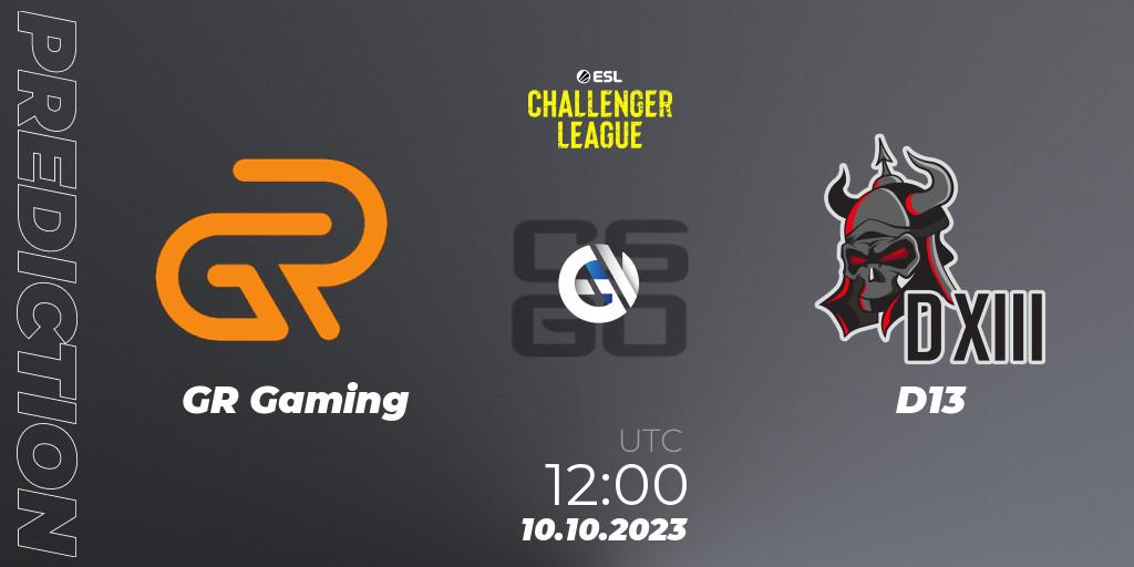 GR Gaming vs D13: Match Prediction. 10.10.23, CS2 (CS:GO), ESL Challenger League Season 46: Asia-Pacific