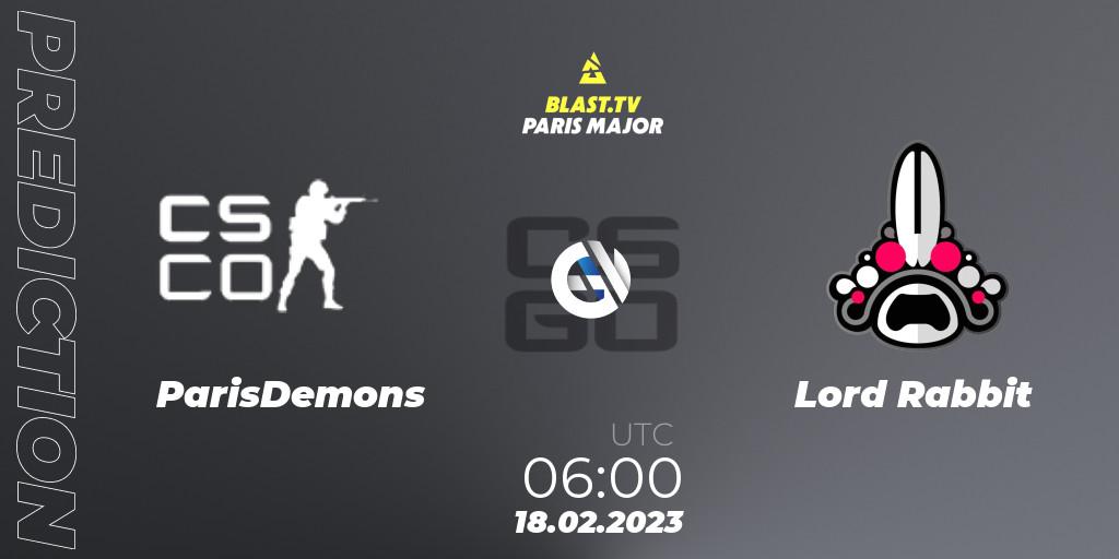 ParisDemons vs Lord Rabbit: Match Prediction. 18.02.2023 at 06:00, Counter-Strike (CS2), BLAST.tv Paris Major 2023 China RMR Closed Qualifier