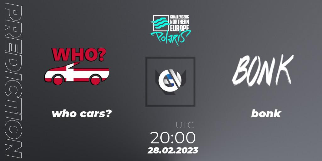 who cars? vs bonk: Match Prediction. 28.02.2023 at 20:00, VALORANT, VALORANT Challengers 2023 Northern Europe: Polaris Split 1