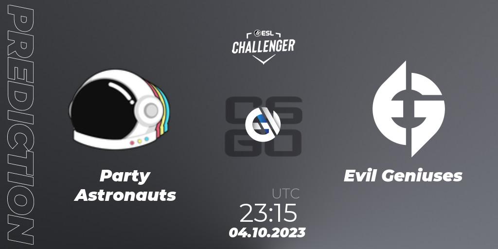 Party Astronauts vs Evil Geniuses: Match Prediction. 04.10.2023 at 23:15, Counter-Strike (CS2), ESL Challenger at DreamHack Winter 2023: North American Open Qualifier