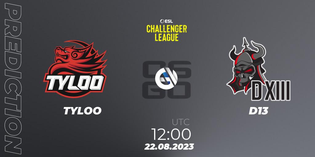 TYLOO vs D13: Match Prediction. 22.08.23, CS2 (CS:GO), ESL Challenger League Season 46: Asia-Pacific