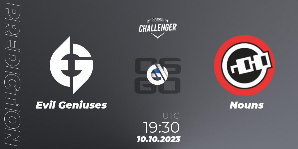Evil Geniuses vs Nouns: Match Prediction. 10.10.2023 at 19:30, Counter-Strike (CS2), ESL Challenger at DreamHack Winter 2023: North American Qualifier