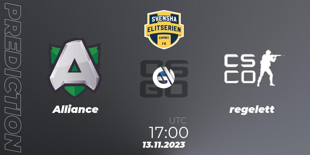 Alliance vs regelett: Match Prediction. 13.11.2023 at 17:00, Counter-Strike (CS2), Svenska Elitserien Fall 2023: Online Stage
