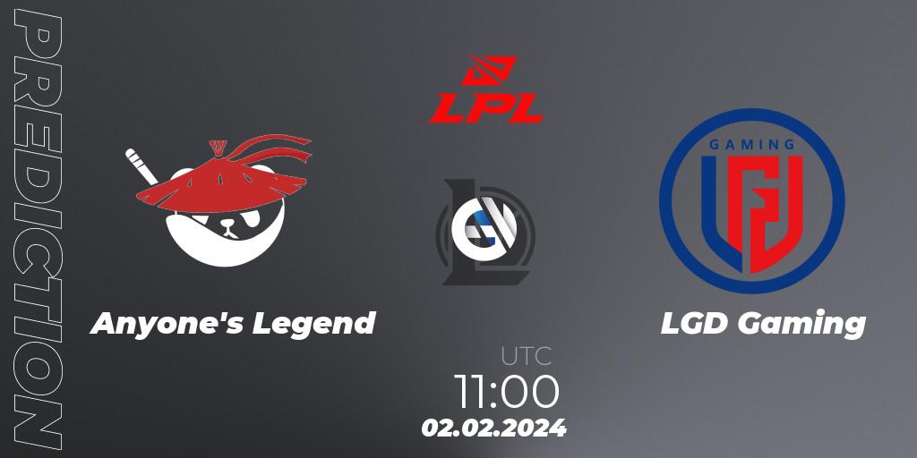 Anyone's Legend vs LGD Gaming: Match Prediction. 02.02.24, LoL, LPL Spring 2024 - Group Stage