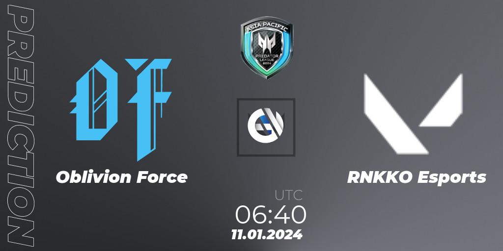 Oblivion Force vs RNKKO Esports: Match Prediction. 11.01.2024 at 06:40, VALORANT, Asia Pacific Predator League 2024