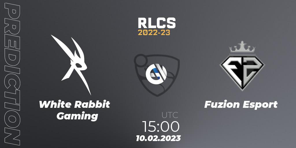 White Rabbit Gaming vs Fuzion Esport: Match Prediction. 10.02.2023 at 15:00, Rocket League, RLCS 2022-23 - Winter: Sub-Saharan Africa Regional 2 - Winter Cup