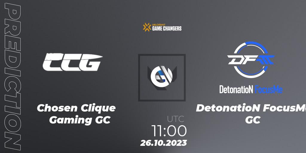 Chosen Clique Gaming GC vs DetonatioN FocusMe GC: Match Prediction. 26.10.2023 at 11:00, VALORANT, VCT 2023: Game Changers East Asia