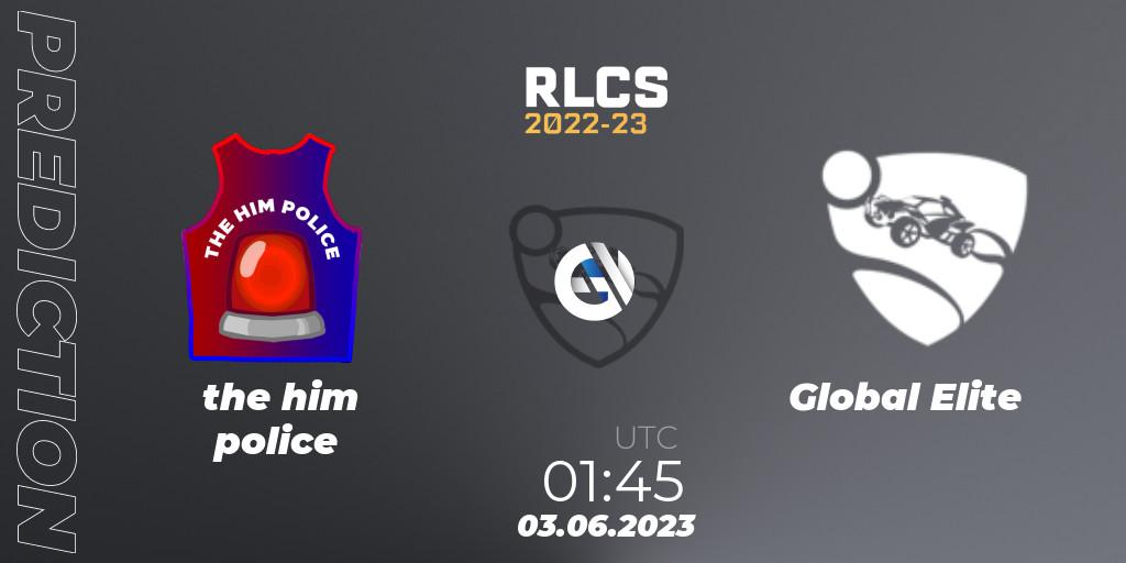 the him police vs Global Elite: Match Prediction. 03.06.2023 at 01:45, Rocket League, RLCS 2022-23 - Spring: Oceania Regional 3 - Spring Invitational