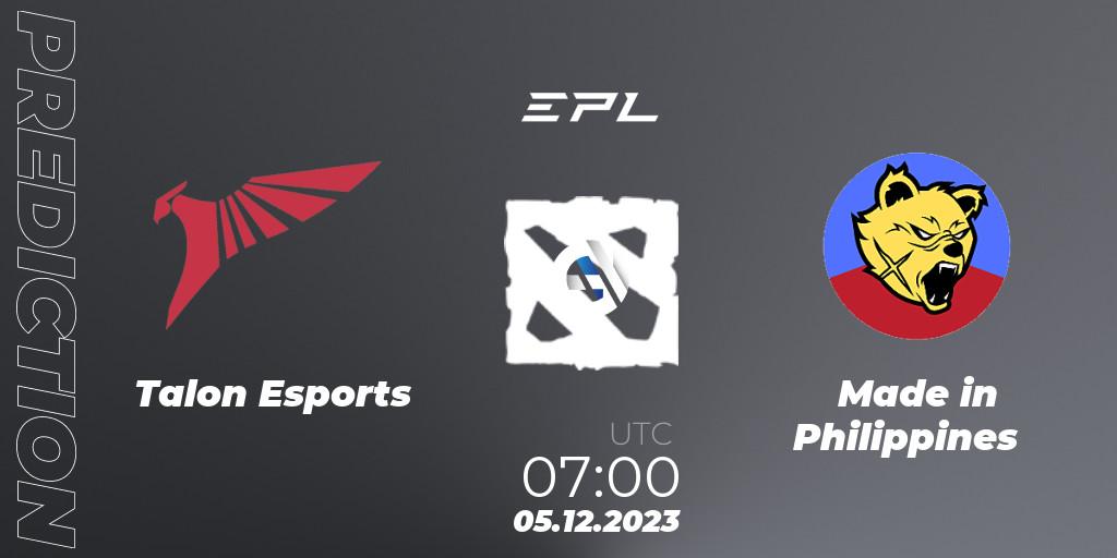 Talon Esports vs Made in Philippines: Match Prediction. 05.12.2023 at 07:05, Dota 2, EPL World Series: Southeast Asia Season 1
