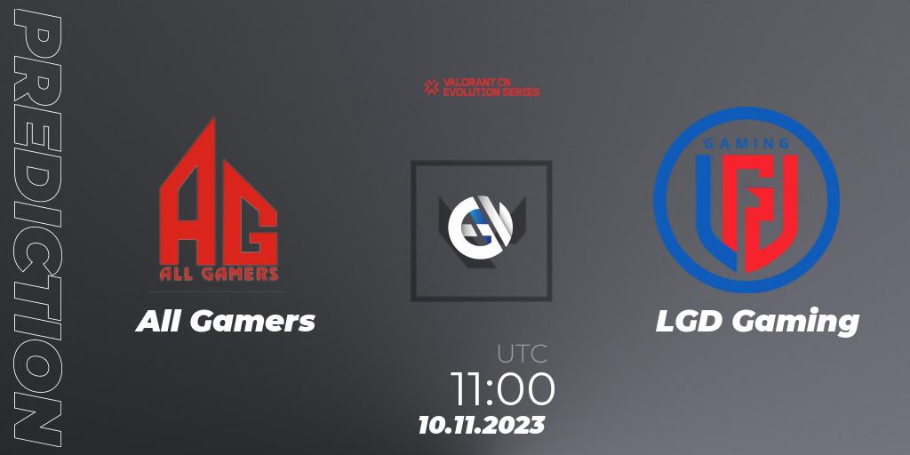 All Gamers vs LGD Gaming: Match Prediction. 10.11.2023 at 12:00, VALORANT, VALORANT China Evolution Series Act 3: Heritability - Play-In