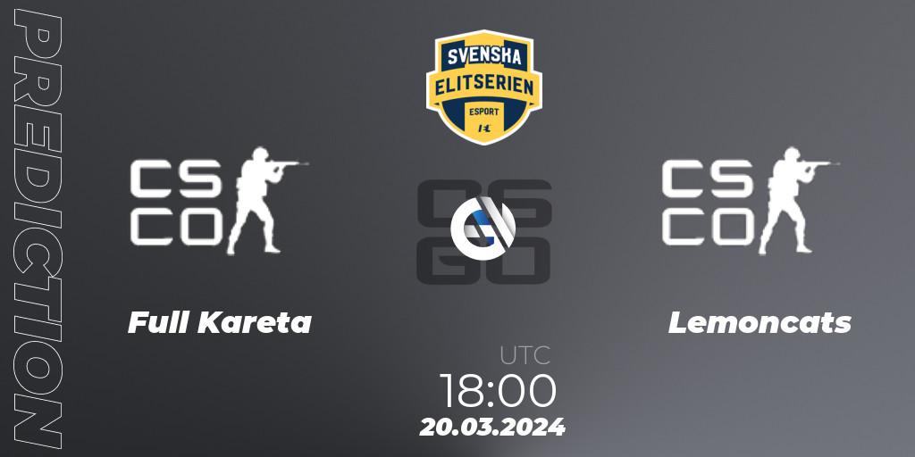 Full Kareta vs Lemoncats: Match Prediction. 20.03.2024 at 18:00, Counter-Strike (CS2), Svenska Elitserien Spring 2024