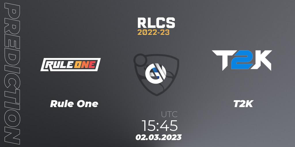 Rule One vs T2K: Match Prediction. 02.03.2023 at 15:45, Rocket League, RLCS 2022-23 - Winter: Middle East and North Africa Regional 3 - Winter Invitational