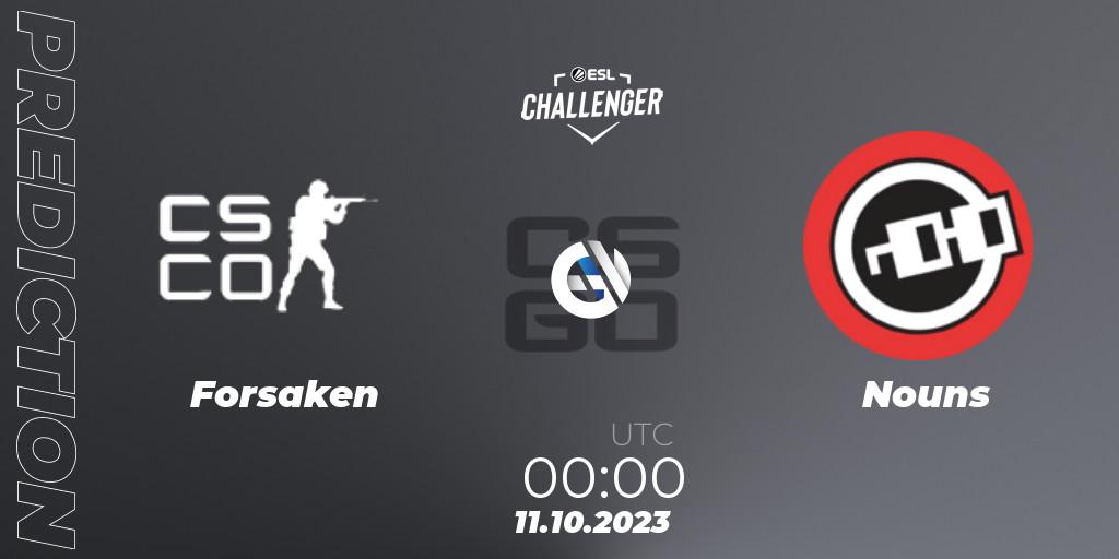 Forsaken vs Nouns: Match Prediction. 11.10.2023 at 00:00, Counter-Strike (CS2), ESL Challenger at DreamHack Winter 2023: North American Qualifier