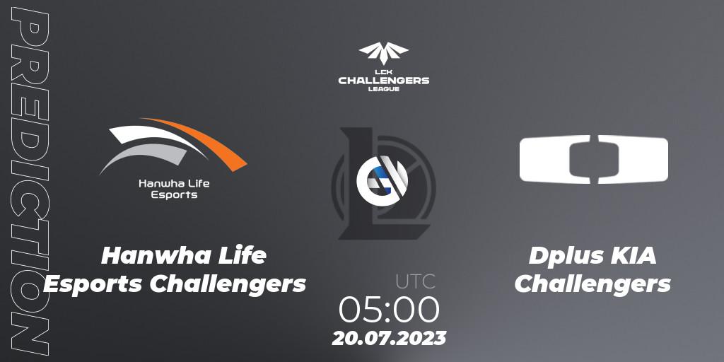 Hanwha Life Esports Challengers vs Dplus KIA Challengers: Match Prediction. 20.07.2023 at 05:00, LoL, LCK Challengers League 2023 Summer - Group Stage