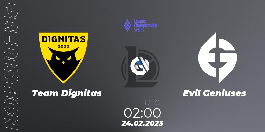 Team Dignitas vs Evil Geniuses: Match Prediction. 24.02.2023 at 02:00, LoL, LCS Spring 2023 - Group Stage