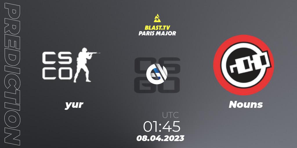 yur vs Nouns: Match Prediction. 08.04.2023 at 01:15, Counter-Strike (CS2), BLAST.tv Paris Major 2023 Americas RMR