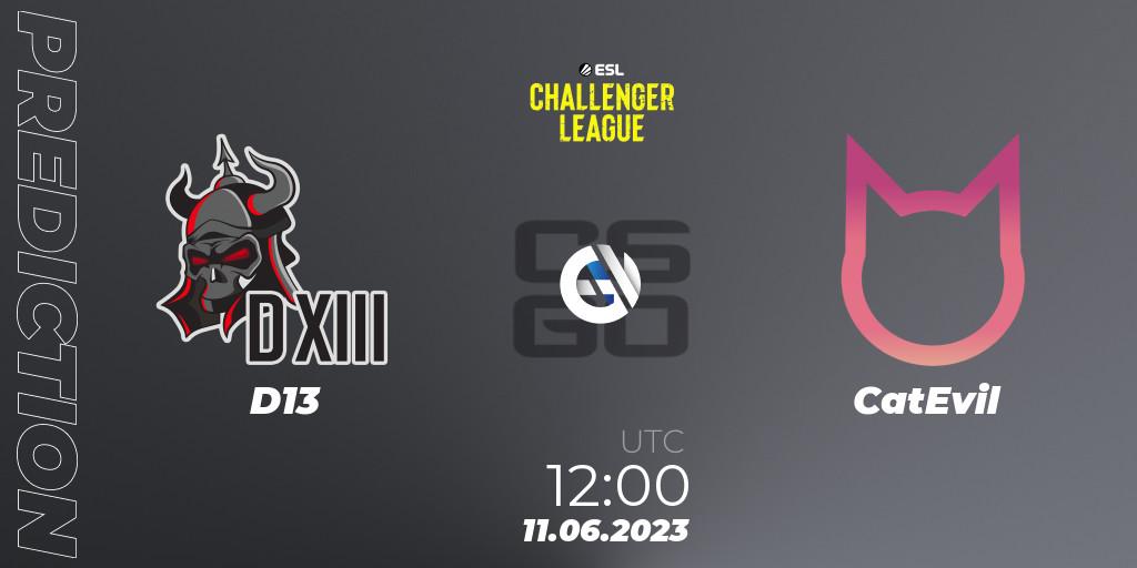 D13 vs CatEvil: Match Prediction. 11.06.23, CS2 (CS:GO), ESL Challenger League Season 45 Relegation: Asia-Pacific