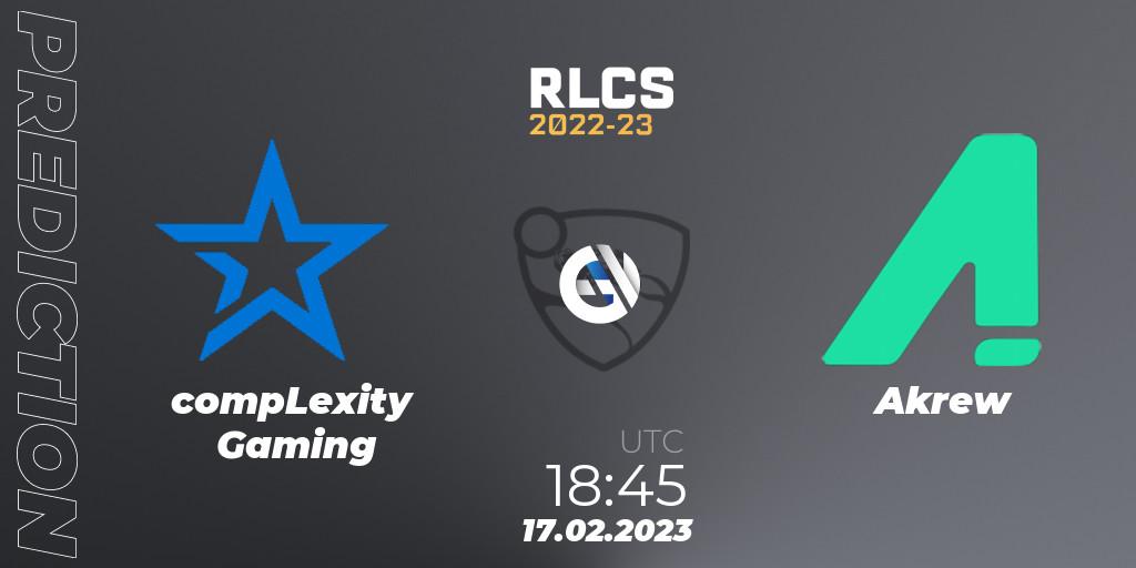 compLexity Gaming vs Akrew: Match Prediction. 17.02.2023 at 18:45, Rocket League, RLCS 2022-23 - Winter: North America Regional 2 - Winter Cup